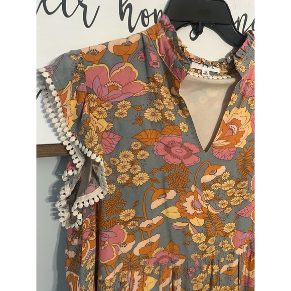 THML‎ Tiered Fall Floral Orange Pink Ruffle BoHo Tiered Flutter Sleeves Size XL - Picture 5 of 6